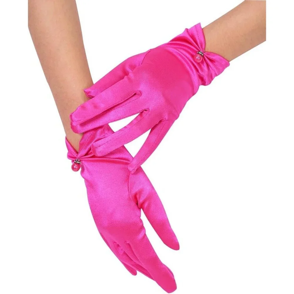 Women's Evening Fuschia-Satin Tulle Short Lace Gloves Wrist Wedding Bridal Party